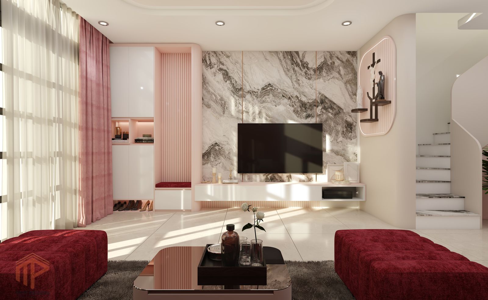 Mẫu Phòng Khách Modern Luxury với bảng màu hồng be thanh lịch