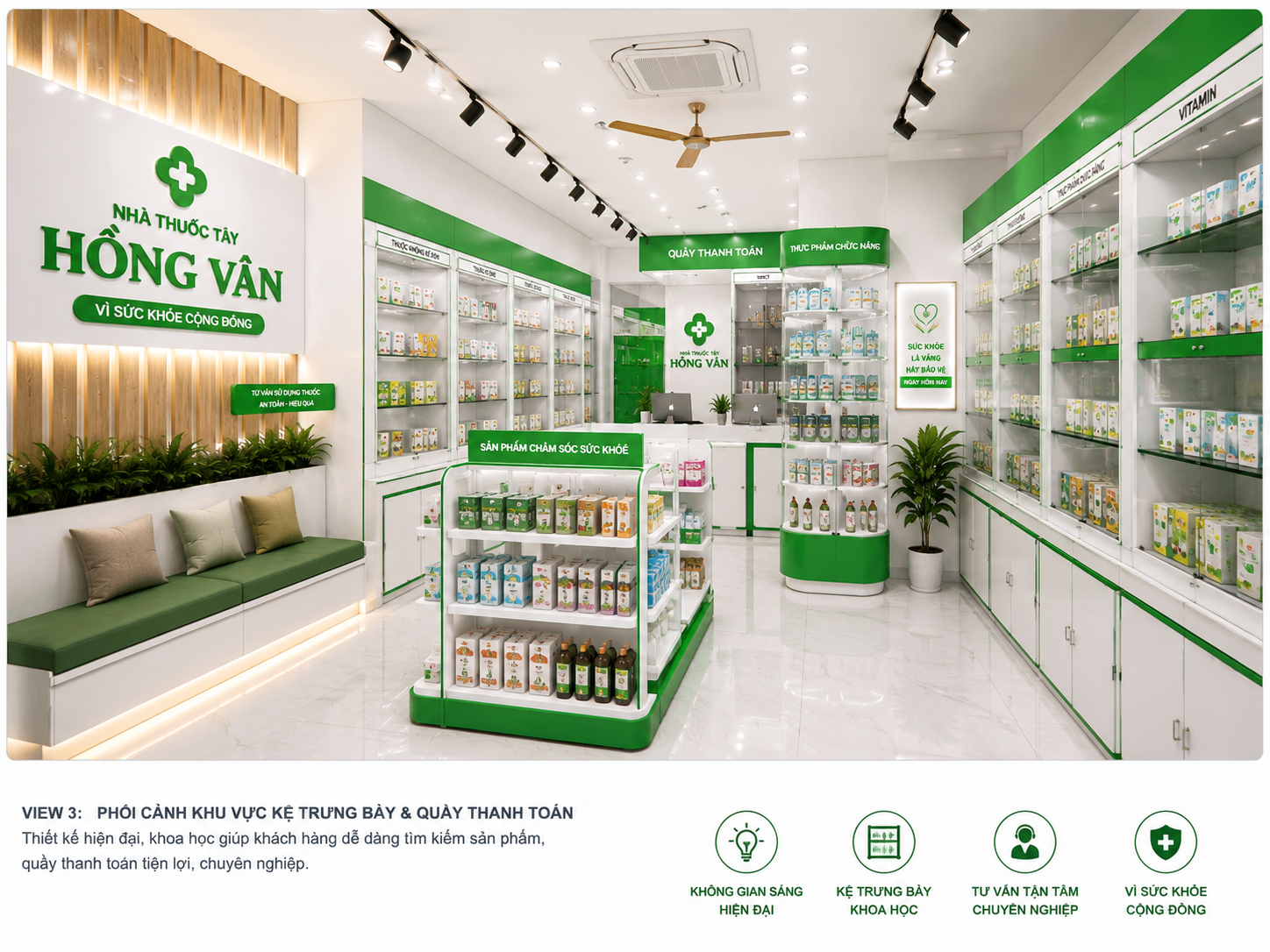 thiết kế nội thất nhà thuốc Hồng Vân