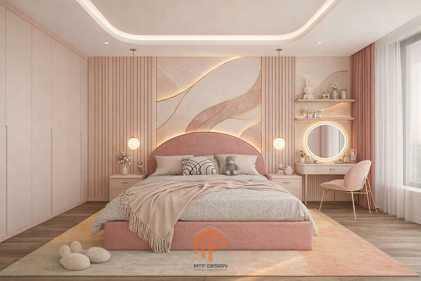 Mẫu Thiết Kế Phòng Ngủ Màu Hồng Be